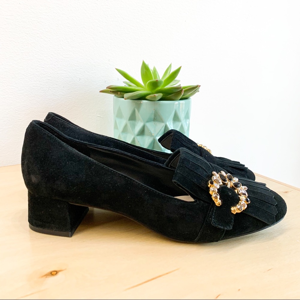 NINE WEST Black suede loafers with bling buckle!
